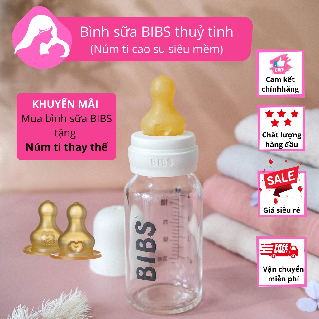 Bình sữa thủy tinh BIBS Đan Mạch, Núm ti cao su siêu mềm 110ml - 225ml