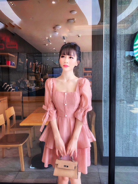 Đầm dự tiệc xoè voan tầng tay nơ
