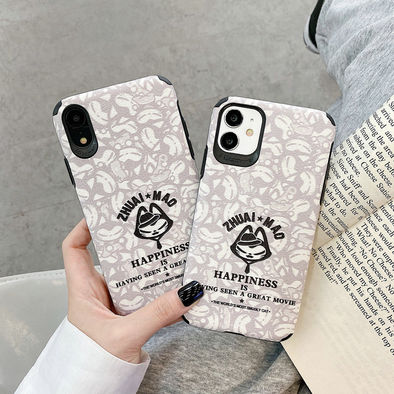 Case iPhone 12 Mini 11 Pro X XR XS Max SE 2020 6 6S 7 8 Plus Leather phone case happiness little black cat