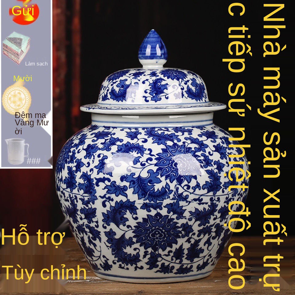 Thùng đựng gạo trắng xanh, hộp gạo, trà Jingdezhen bằng gốm sứ caddie, thuốc heo dầu 10 kg 15 20 đồ trang trí