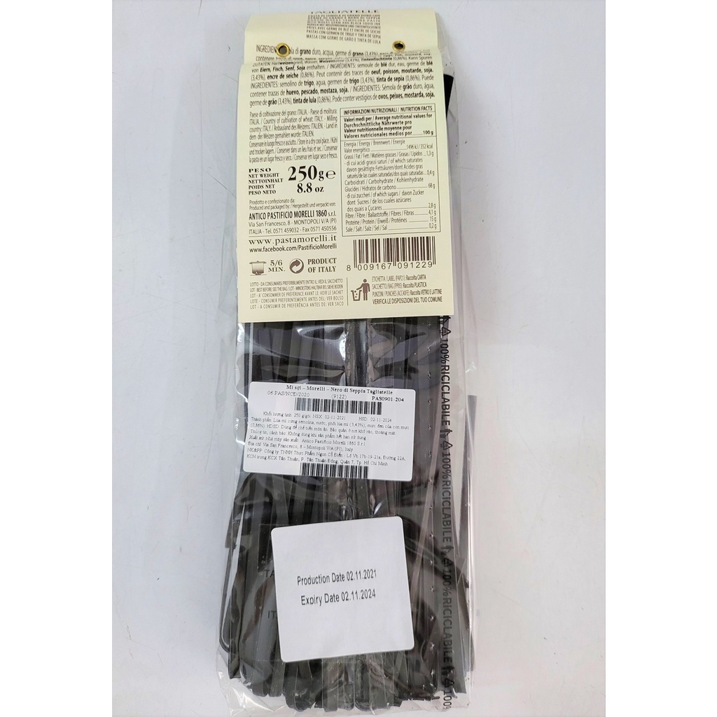 [Gói 250g - TAGLIATELLE] MÌ Ý MỰC ĐEN SỢI DẸT [Italia] MORELLI Black Squid Ink Pasta (cff-hk)