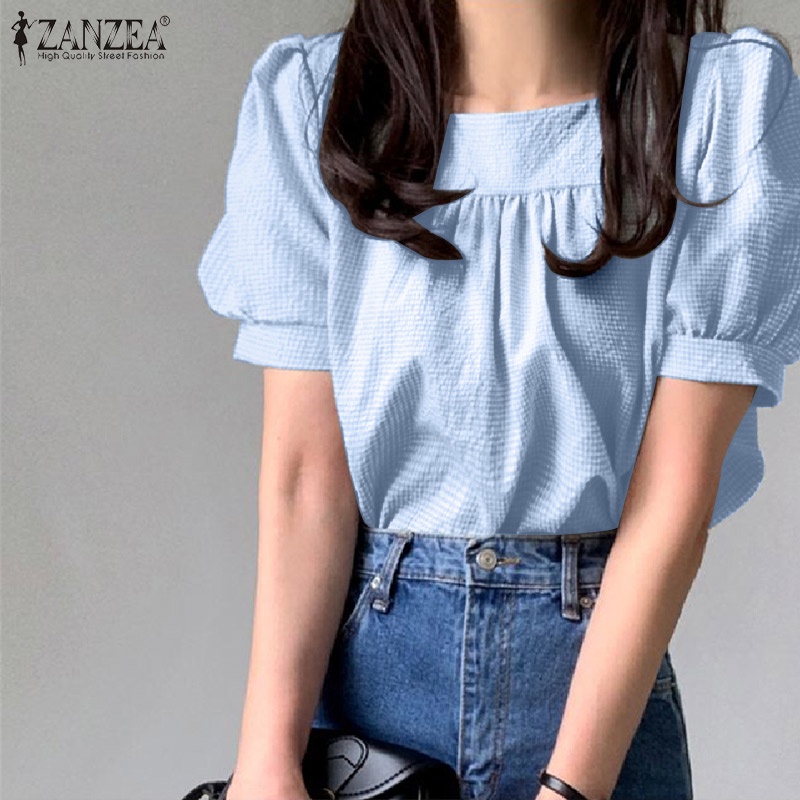 Áo kiểu ZANZEA tay phồng cổ vuông in họa tiết caro phong cách Hàn Quốc thời trang cho nữ