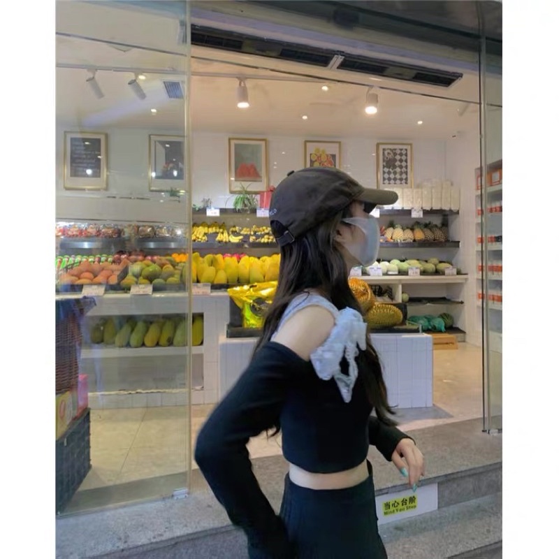 Áo hai dây phối ren xinh xắn phong cách hàn quốc - Áo trễ vai dây nơ ren dáng croptop chất liệu len tăm - A05