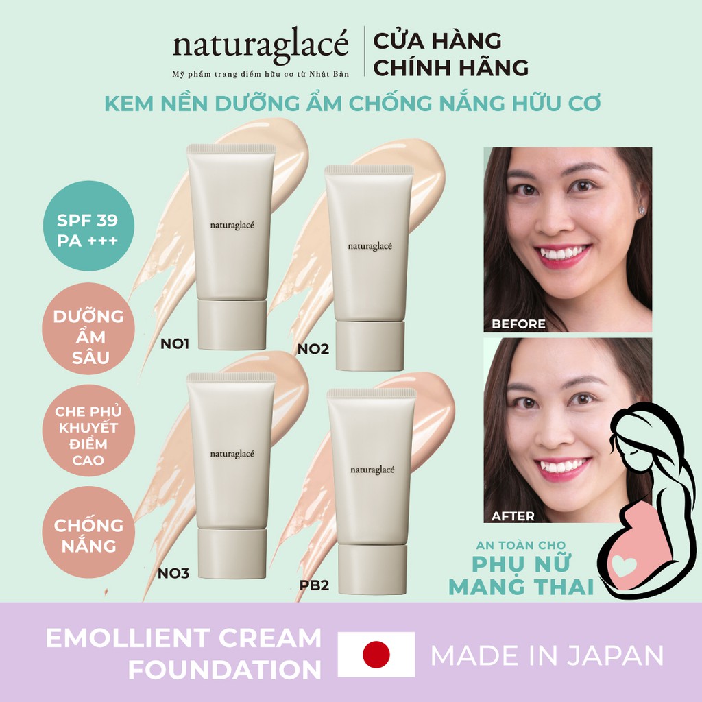 Kem nền hữu cơ naturaglacé Emollient Cream Foundation, chống nắng SPF39 PA+++, có 4 màu tùy chọn, 30g