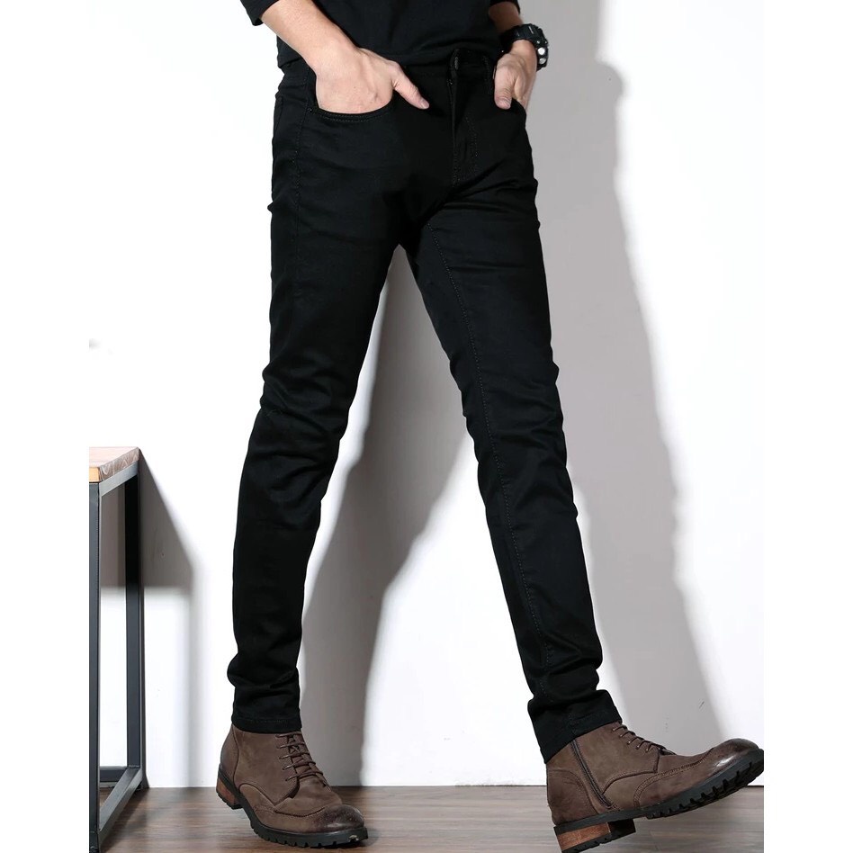Quần jean nam đen trơn rách gối chất bò đẹp co giãn cao cấp ROMAN QJ01