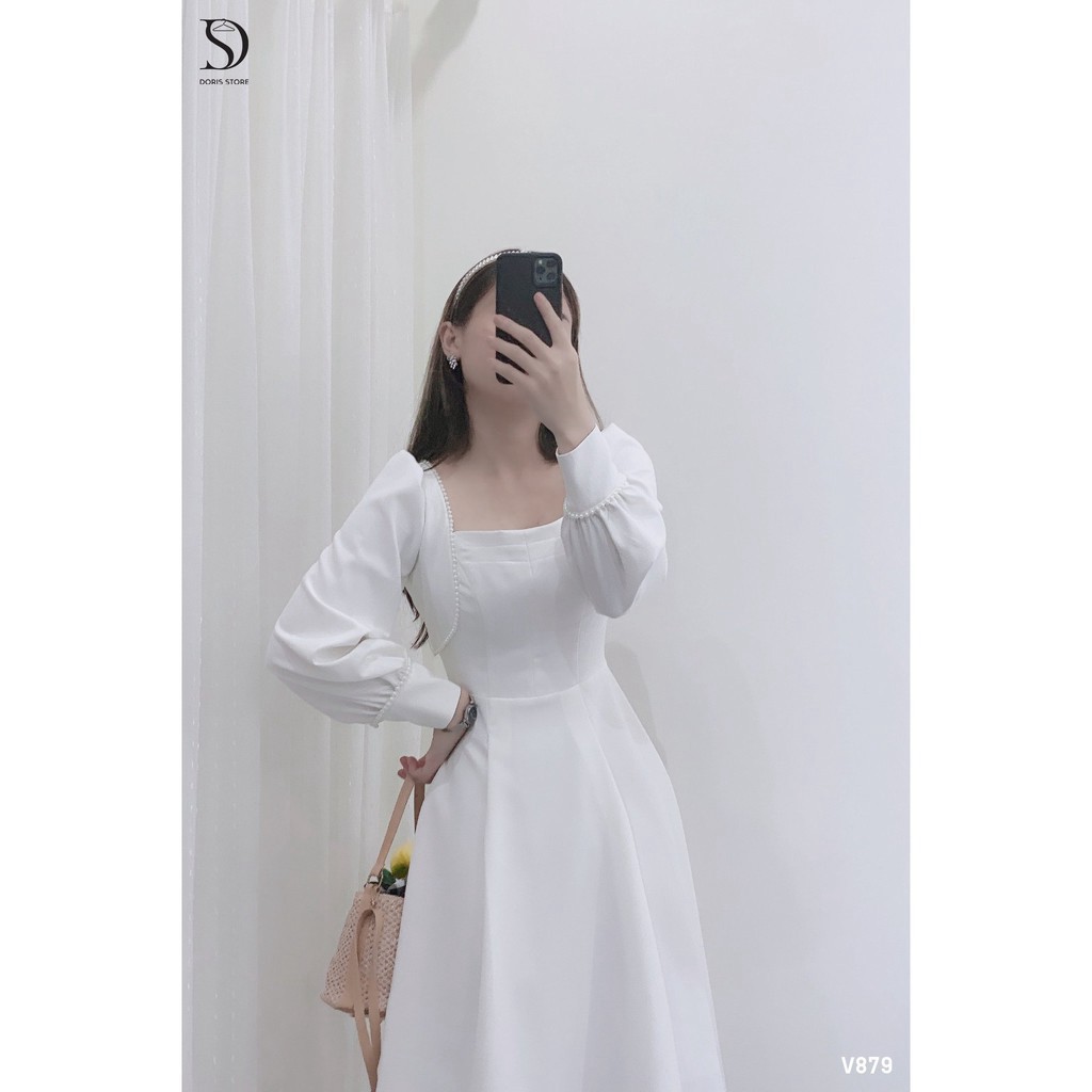 Đầm trắng cổ vuông, tay dài phối ren hạt - Váy trắng cổ vuông, tay dài phối ren hạt, ulrang đi tiệc