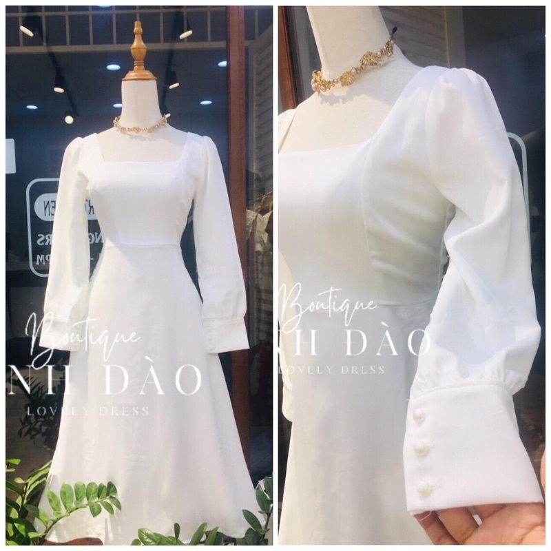 Váy đầm trắng dự tiệc maxi Vintage cổ vuông tay dài chụp kỉ yếu chất cotton Nhật mềm V0080 full size ELLY DRESS