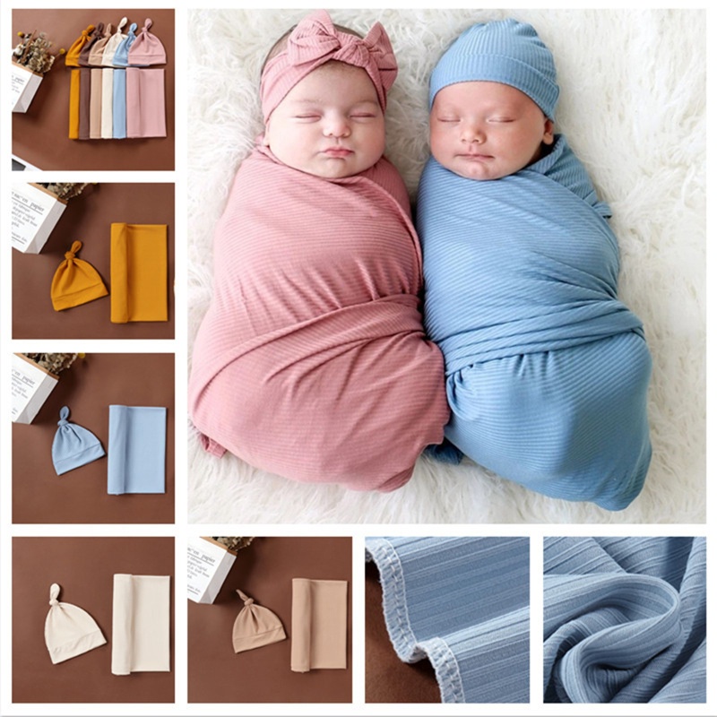 Set Đồ 2 Món Gồm Khăn Quấn + Mũ Bằng Vải Cotton + Băng Cài Đầu Làm Phụ Kiện Chụp Ảnh Cho Bé Sơ