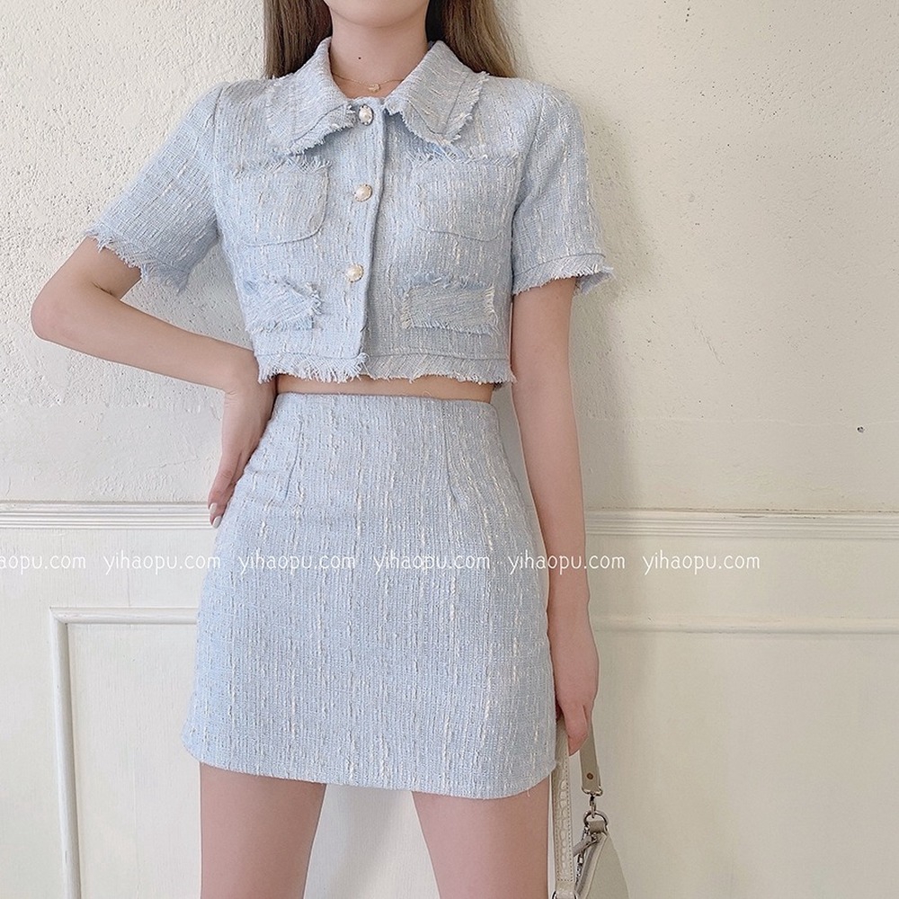 xia Áo cardigan ngắn tua rua / Chân váy lưng cao kiểu dáng thời trang cho nữ
