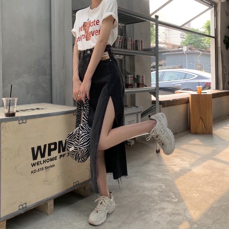 Chân Váy Jeans Dài Cạp Cao Xẻ Bên Phong Cách Ulzzang | BigBuy360 - bigbuy360.vn