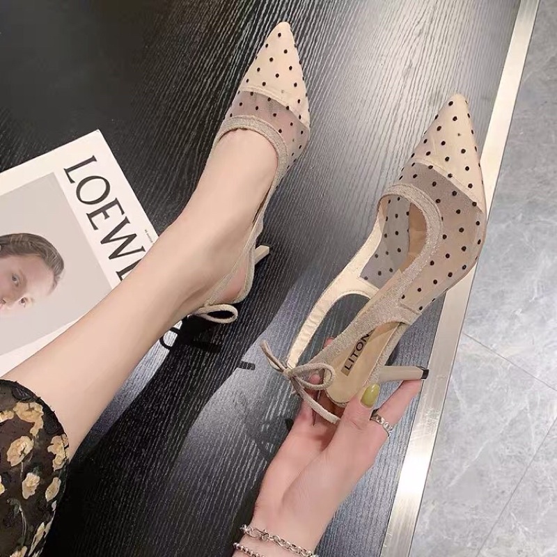 Giày cao gót cho nữ mũi nhọn lưới chấm bi cao 7cm nơ gót