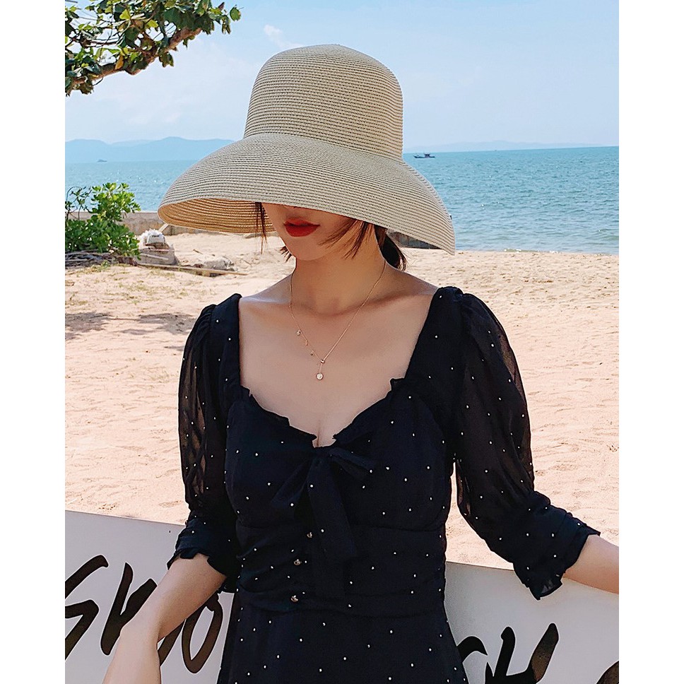 Mũ cói lồng đèn vành rộng dáng basic