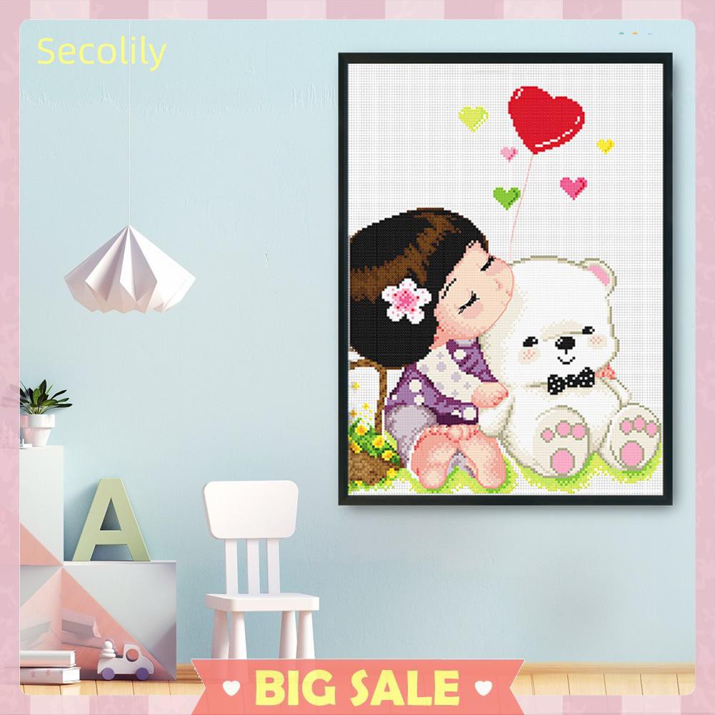 Tranh vải canvas thêu chữ thập hình bé gái và động vật dễ thương trang trí nhà ở 11Ct