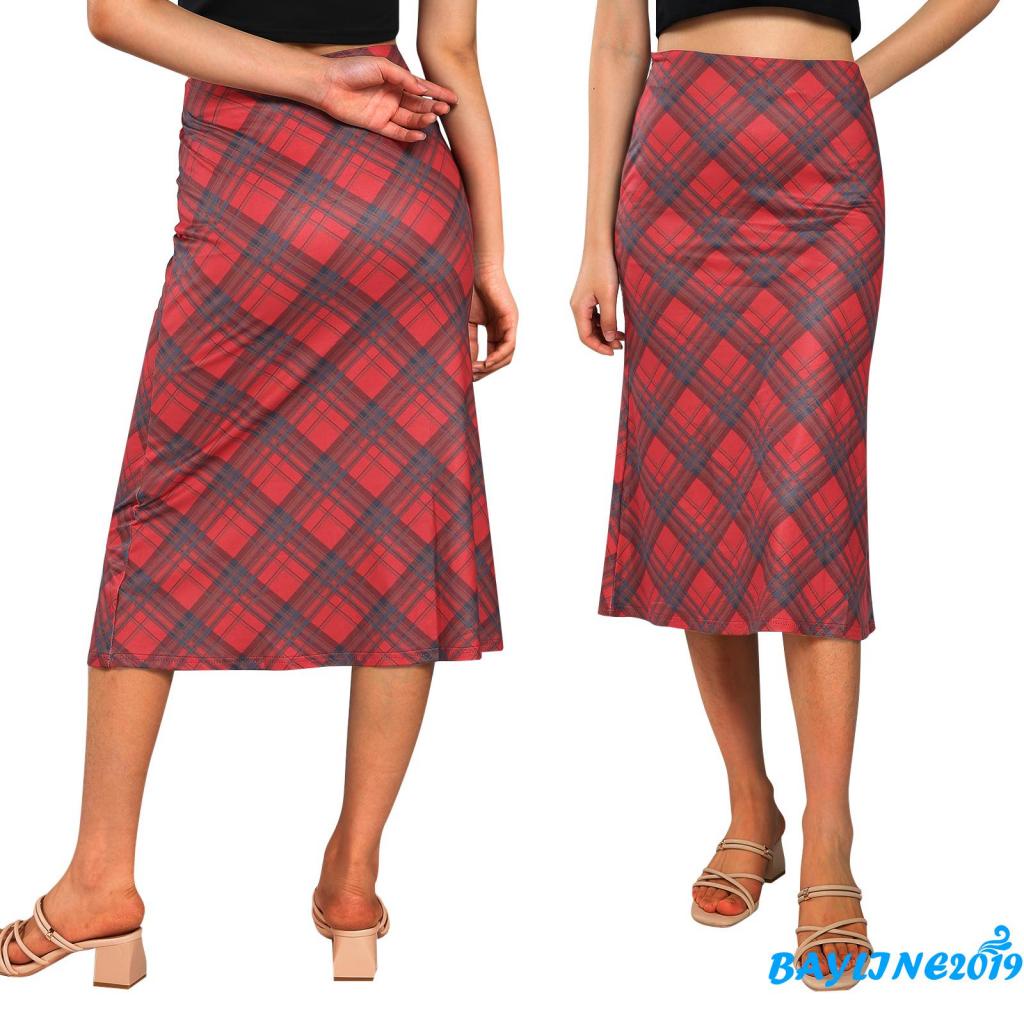 BAY-Women´s Bodycon Midi Skirts, Plaid Print High Waist Knee Length Stretch Long Skirt