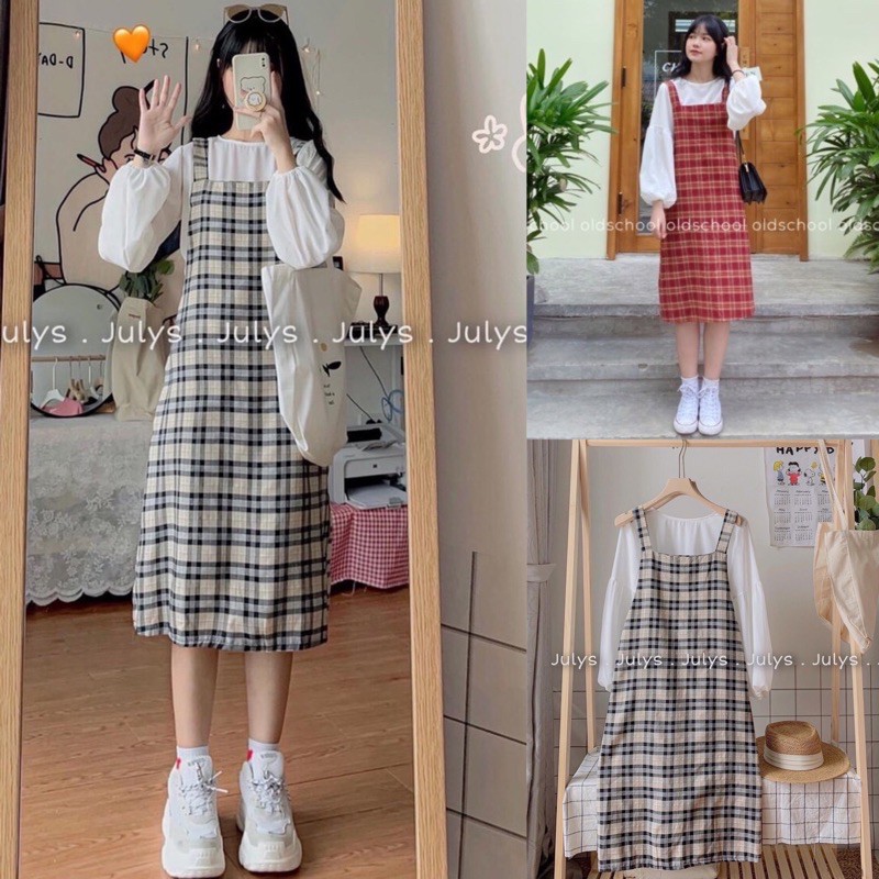 Set áo chun tay bồng phối yếm kẻ caro vintage ulzzang Hàn Quốc