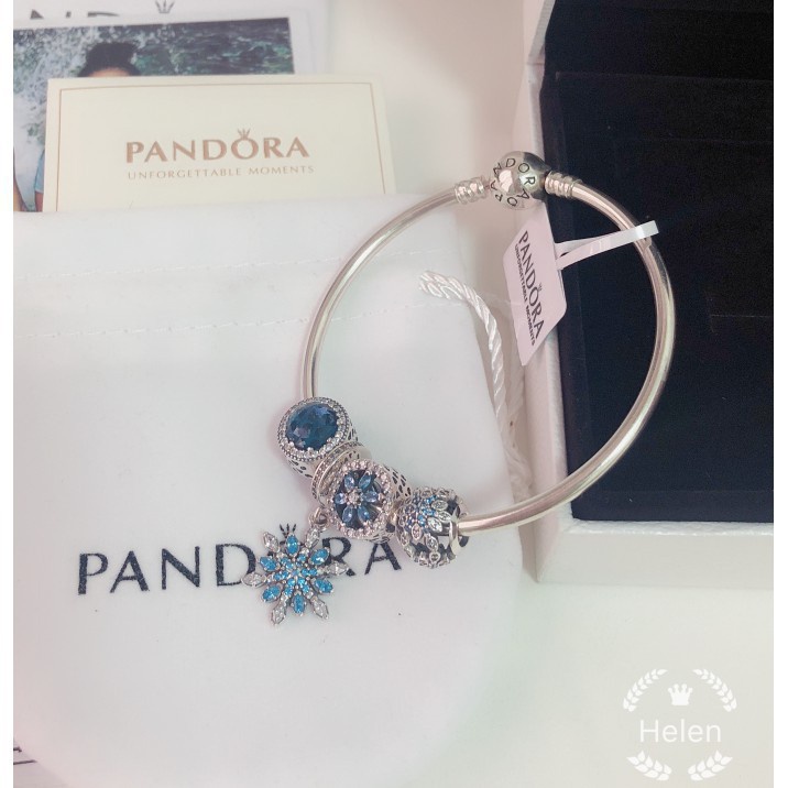 Hàng Mới Về Mới Set Vòng Tay Pandora Mạ Bạc 925 Hình Hoa Tuyết Đính Đá Pha Lê Màu Xanh Dương AS5W2Q3