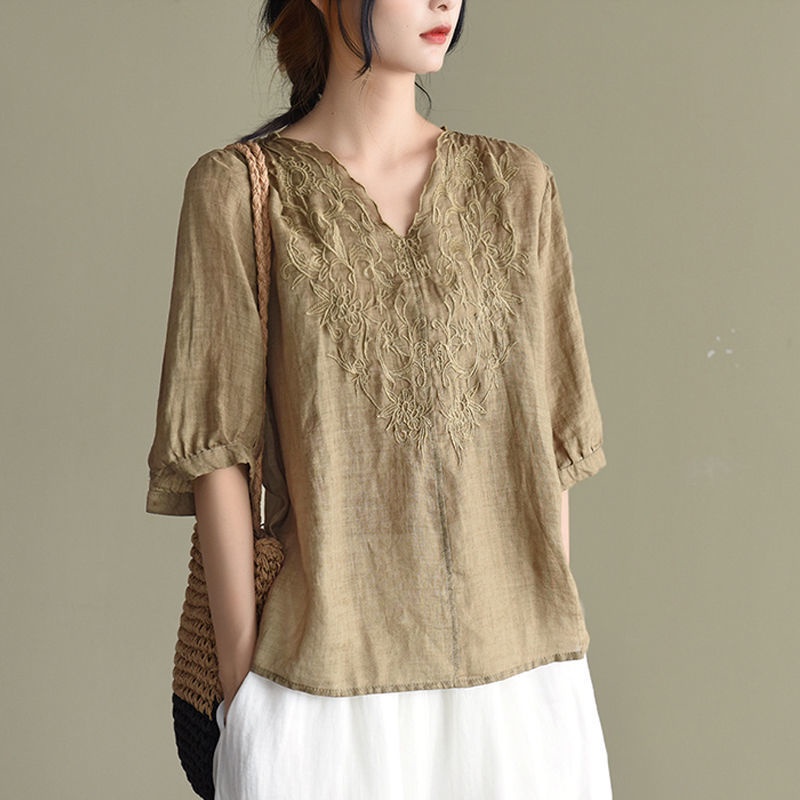 ☻ L O T U S ☻ Áo Kiểu Cổ Chữ V Thêu Họa Tiết Plus Size Mới Cho Nữ Ca1594