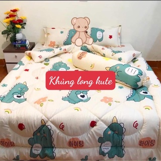 [4 món]Bộ chăn phao ga gối 1m2,vải cotton poly,MẪU KHỦNG LONG CUTE
