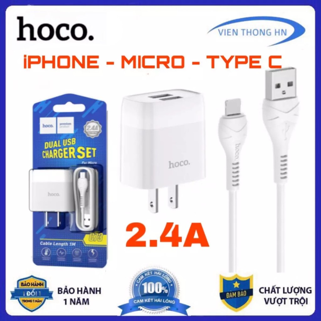 Củ sạc 2 cổng kèm dây sạc nhanh 2.4a iphone type c micro usb hoco c73 - vienthonghn