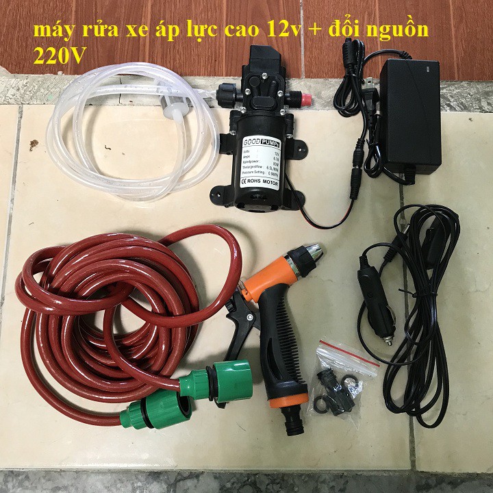 Bộ rửa xe mini kèm đổi nguồn 220v sang 12v và dây tẩu cắm xe ô tô