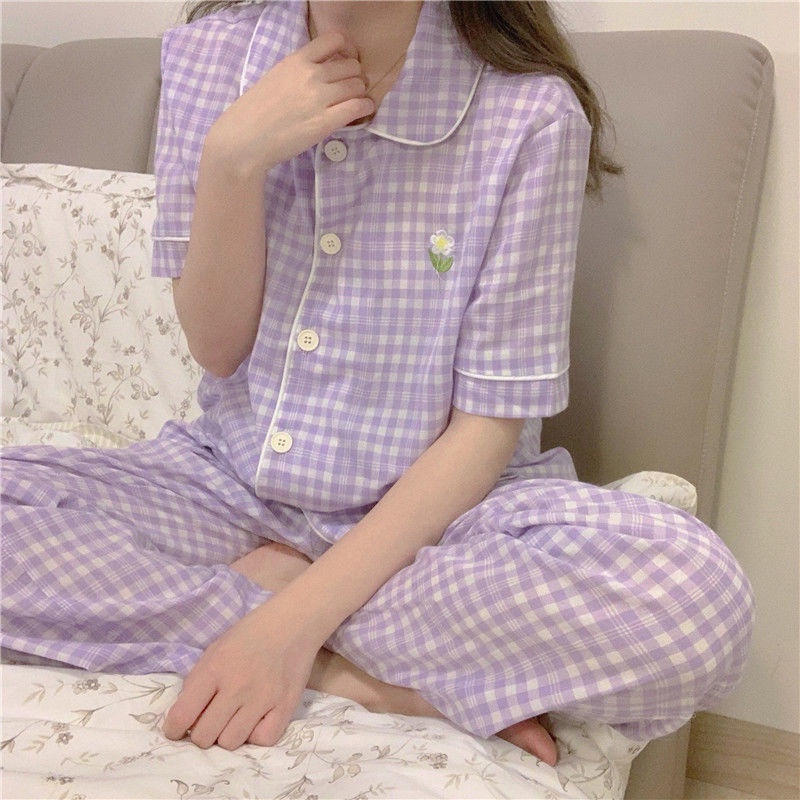 Bộ đồ ngủ ngắn tay hoa văn kẻ ô ngọt ngào thời trang