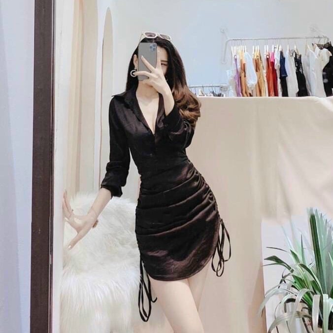 Đầm body dài tay rút tà