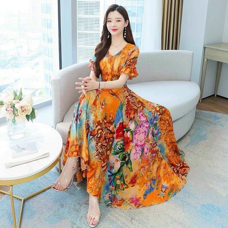 HÀNG QC - ĐẦM XÒE MIDI VOAN HOA CỔ TIM TAY LOE MÀU CAM SIÊU XINH - KBT309