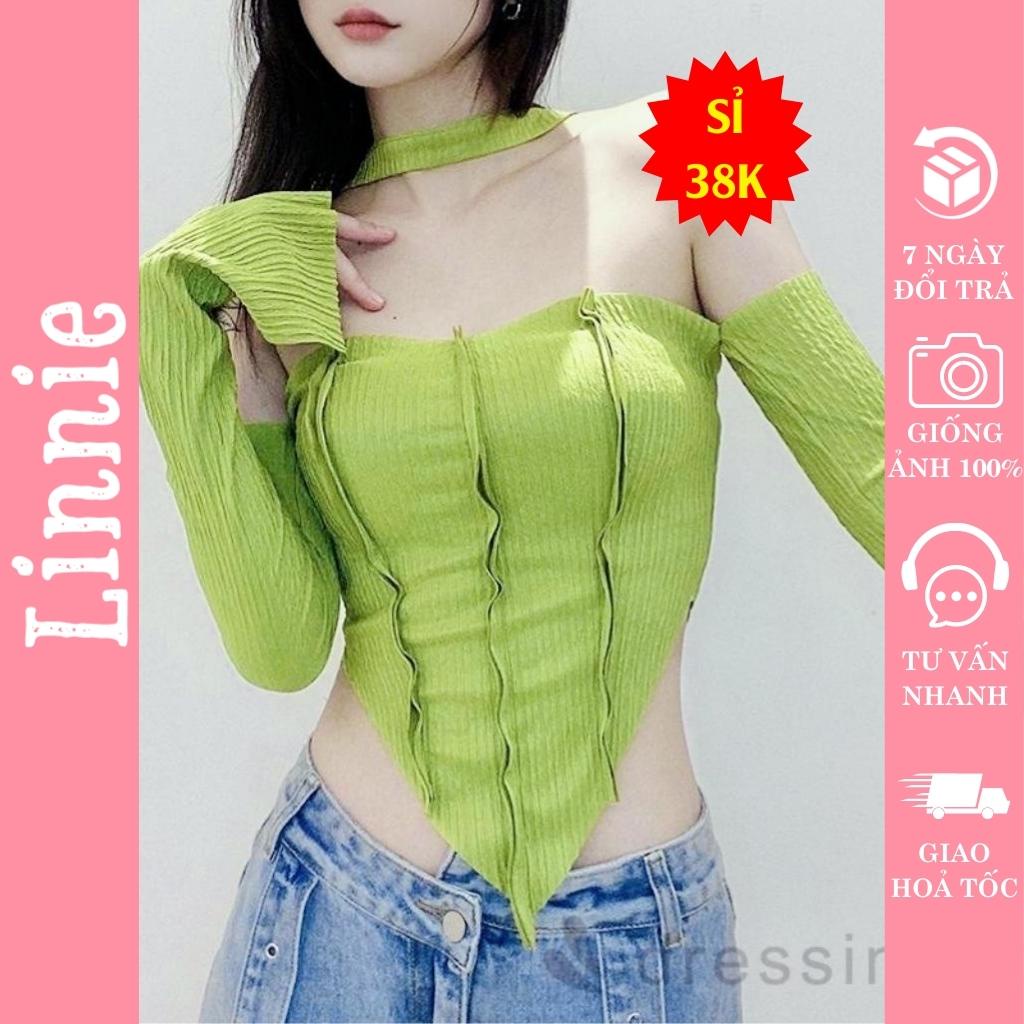 Áo Croptop Dài Tay Dáng Ôm Xẻ Tà Dây Choàng Cổ Thời Trang Nữ Linnie Phong Cách Hồng Kông Cá Tính