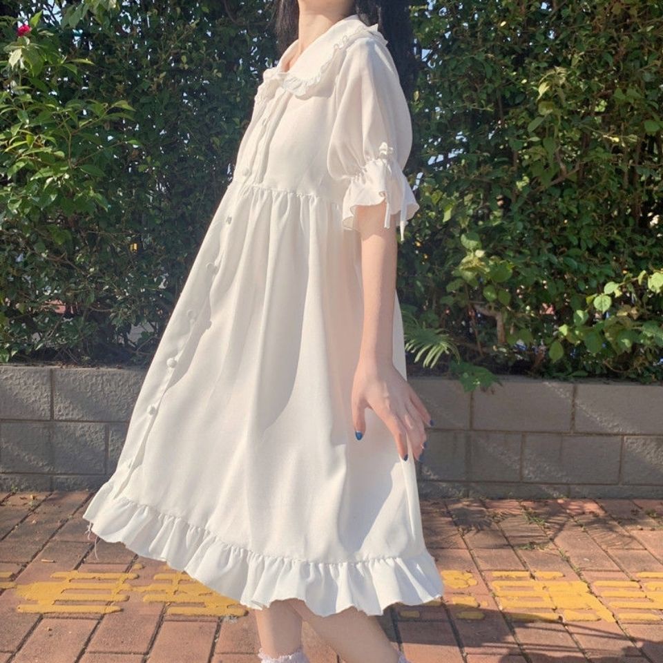 Đầm voan cổ búp bê tay ngắn phồng ngọt ngào phong cách Lolita màu trắng thời trang mùa hè dành cho bé gái