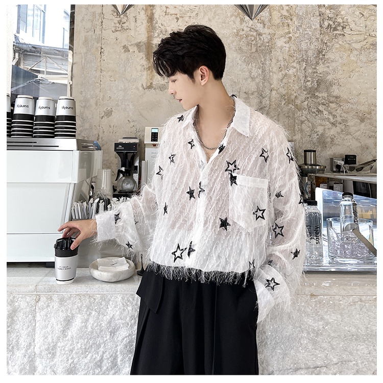 Áo Sơ Mi Xuyên Thấu Phối Tua Rua Lông Vũ Cổ Tích ins Cá Tính Cho Nam