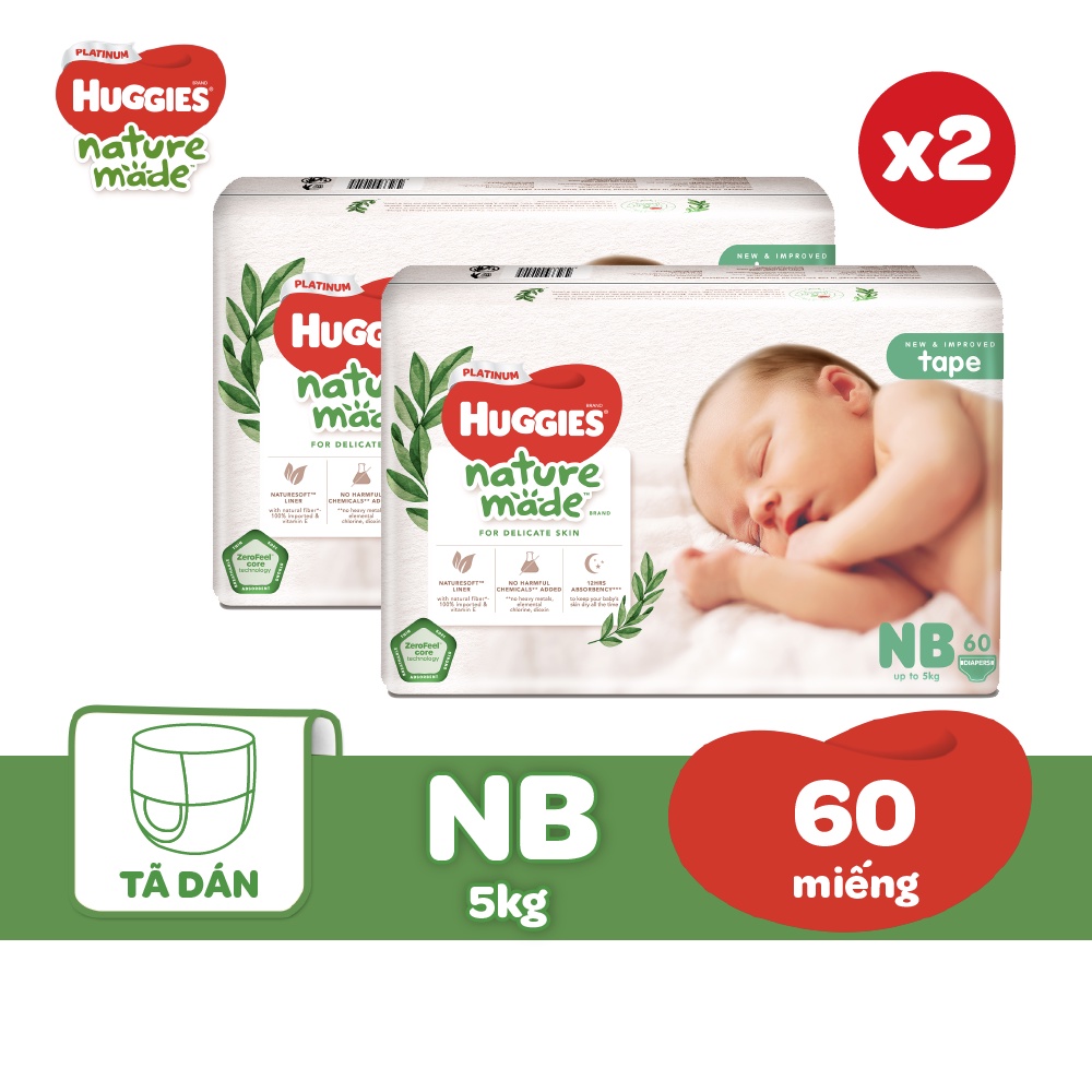 [HUGFEB15B -10% max 60k đơn 400k]Combo 2 Tã Dán Huggies Platinum Nature Made Size NB60