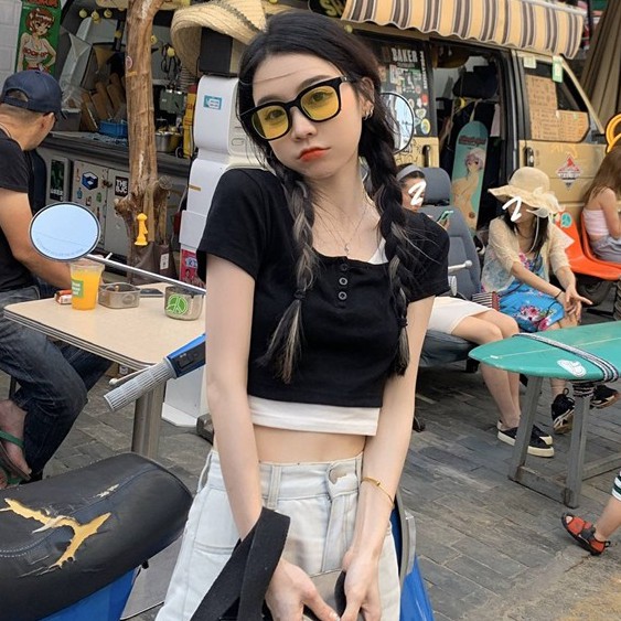 QADCOL Áo thun tay ngắn hai lớp phong cách Hàn Quốc cho nữ