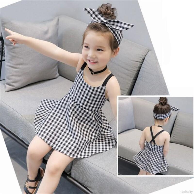 Đầm 2 dây sọc caro thiết kế dễ thương cho bé gái