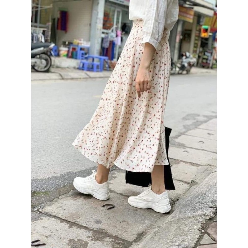 Chân váy hoa nhí dài midi dáng xoè Hàn Quốc, Chân váy hoa dáng dài nhiều màu ulzzang đẹp