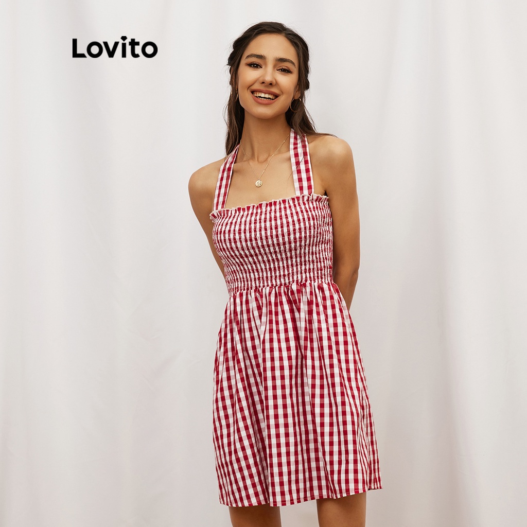 Đầm Lovito dáng chữ A dây buộc họa tiết caro thường ngày L19D352 (đỏ &amp; trắng)