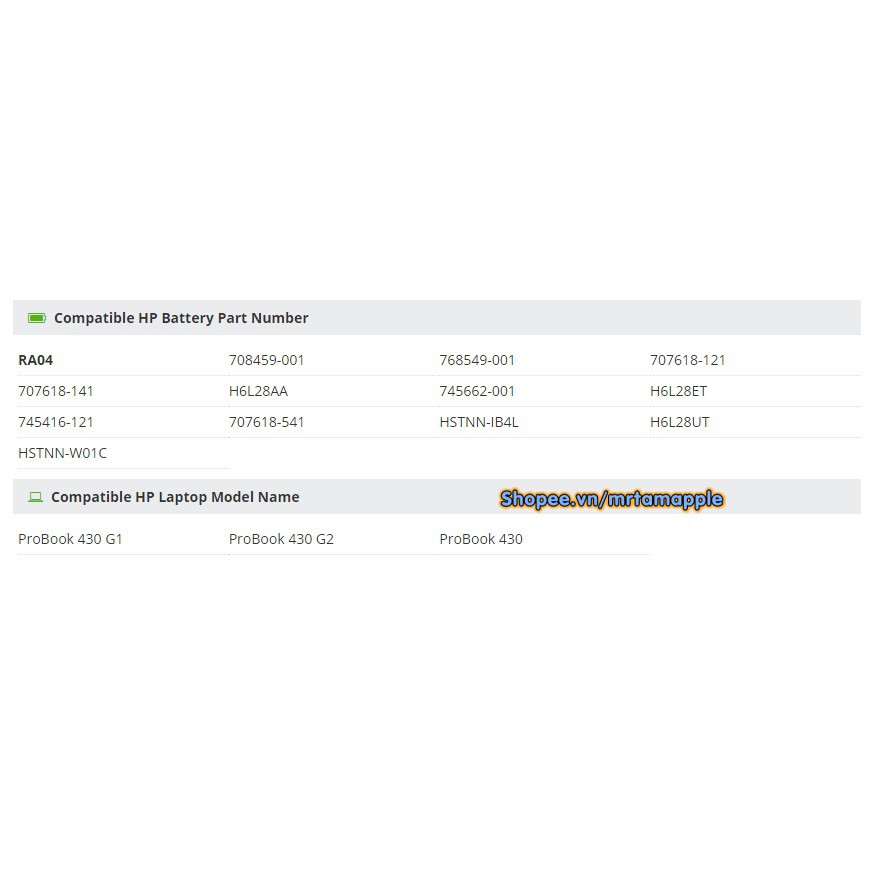 Pin Laptop HP PROBOOK 430 (RA04) - 4 CELL - Probook 430, 430 G1, 430 G2