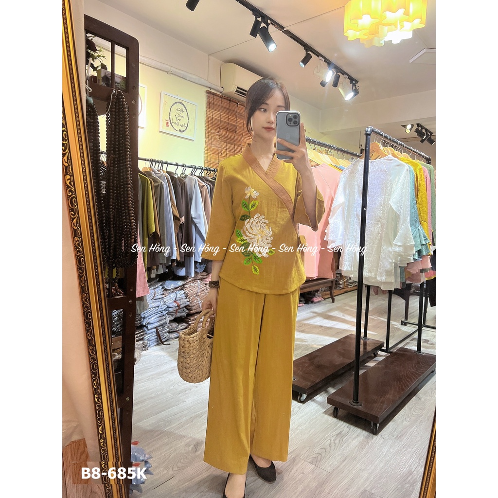Quần áo đi chùa thiết kế # đồ lam sang trọng # mẫu Phật tử vải Đũi Hàn dày đẹp thêu hoa cúc B8
