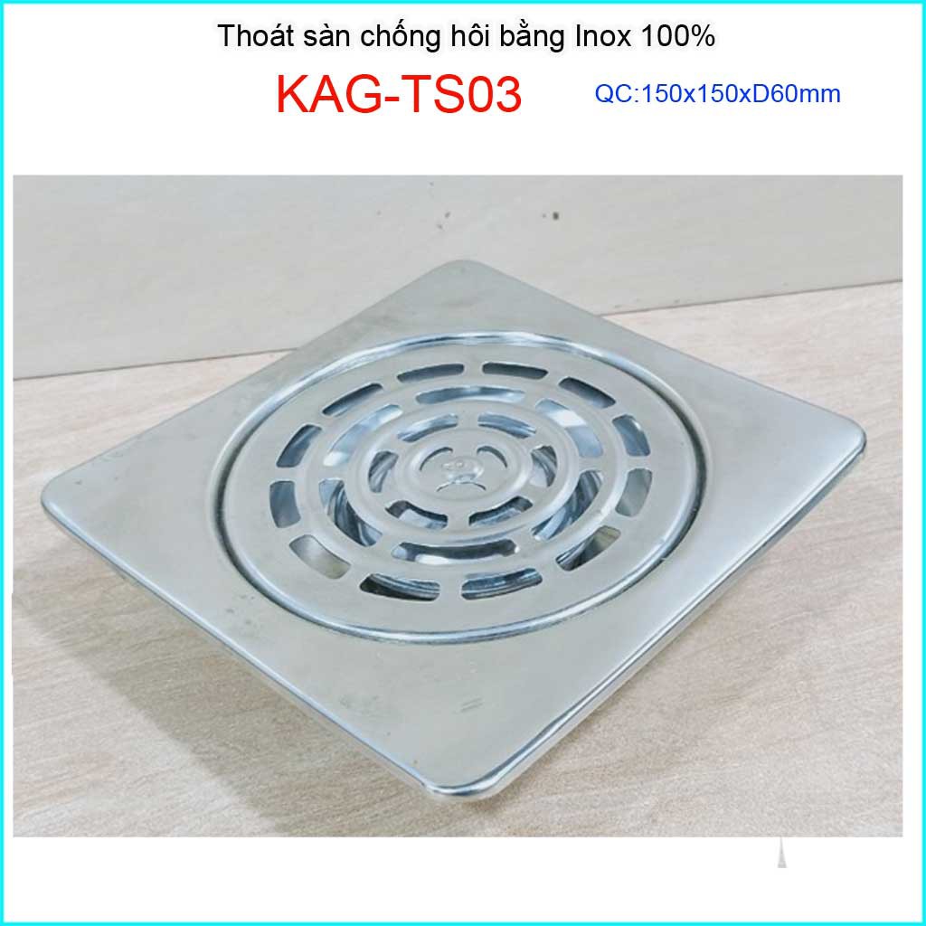 Phễu thoát sàn inox KAG-TS03, ga thoát sàn vuông 15x15cm ống D60 nước thoát nhanh giá tốt sử dụng tốt