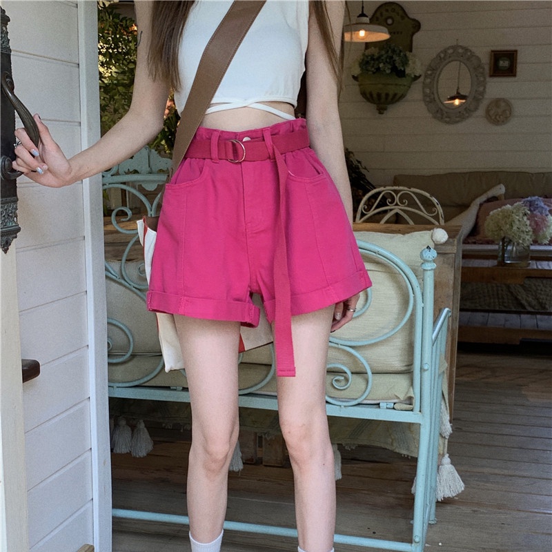 Quần Short Denim Lưng Cao Ống Rộng Phối Thắt Lưng Cá Tính Thời Trang Dành Cho Mùa Hè