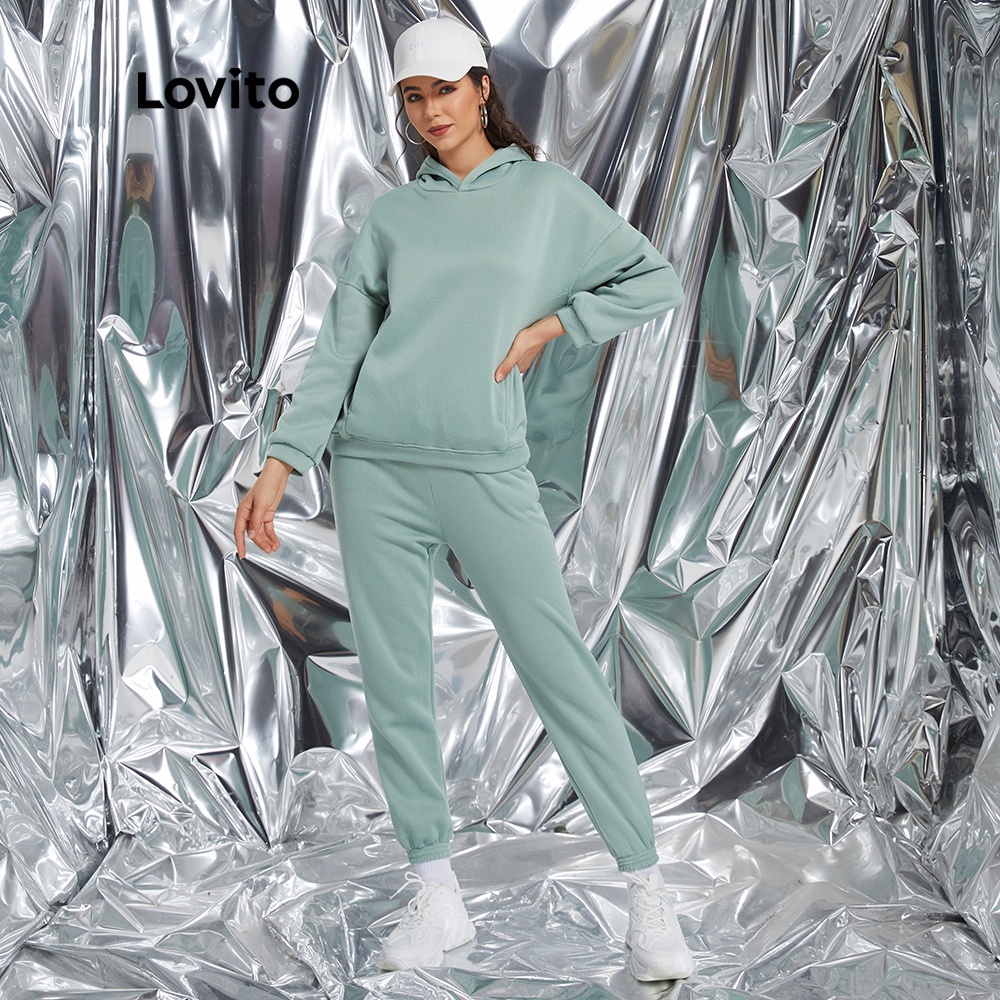 624 DELIST VN Bộ áo Hoodie trơn Lovito + quần dài màu xanh lá L09063