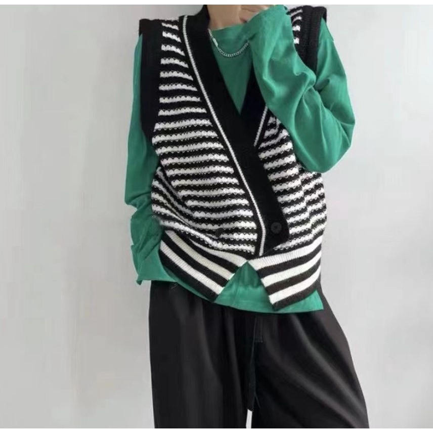 Gile Sọc Vằn | Áo Gile Len Nữ Thu Đông Sọc Vằn Ngang Cổ V Vạt Chéo Chất Len Mịn Dày Dặn Hàn Quốc, Ulzzang Quảng Châu | BigBuy360 - bigbuy360.vn