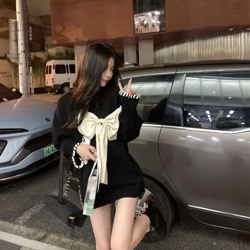 Áo sweater dáng rộng đính nơ thời trang thu đông phong cách Hàn Quốc mới cho nữ