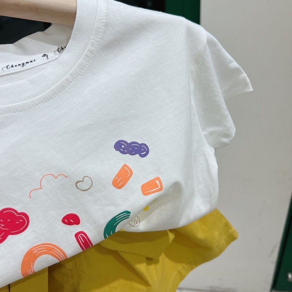 Áo Thun Cotton Tay Ngắn In Họa Tiết Graffiti Cầu Vồng Phong Cách Nhật Hàn Thời Trang 2022 Cho Bé Gái