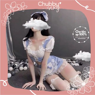 Cosplay sexy hầu gái - Bộ đồ lót nữ sexy gợi cảm - Set đồ cô hầu gái kẻ caro xanh - CPL03 - Chubby.sexy