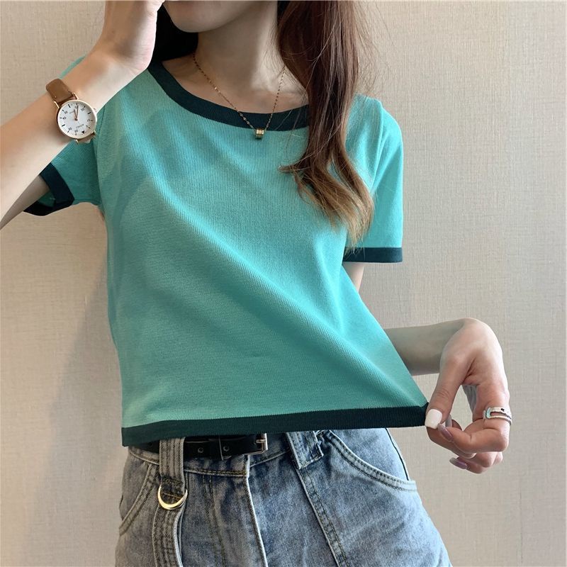 Áo Thun Tay Ngắn Cổ Tròn Màu Sắc Tương Phản Thời Trang Mùa Hè Phong Cách Hàn Quốc Cho Nữ