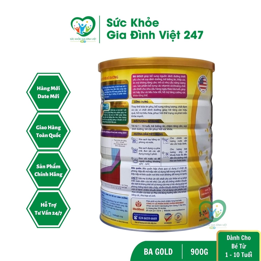 Sữa BA Gold - 900G Giúp Tăng Cân Chiều Cao Trí Não Tăng Miễn Dịch Tiêu Hóa Tốt - MẪU MỚI DATE MỚI suckhoegiadinhviet247