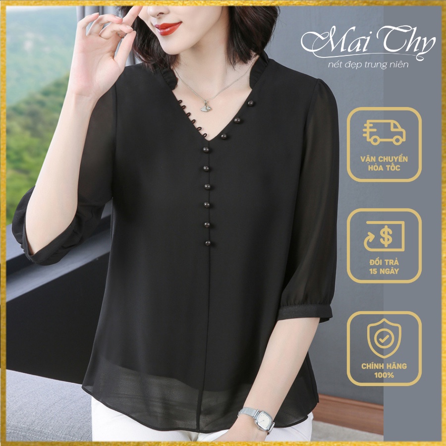 Áo Trung Niên MT111, Mẫu Áo Kiểu Nữ Form Rộng Tay Lỡ Cổ Bèo Nhiều Nút Đẹp Trang Nhã | Thời Trang Trung Niên Mai Thy