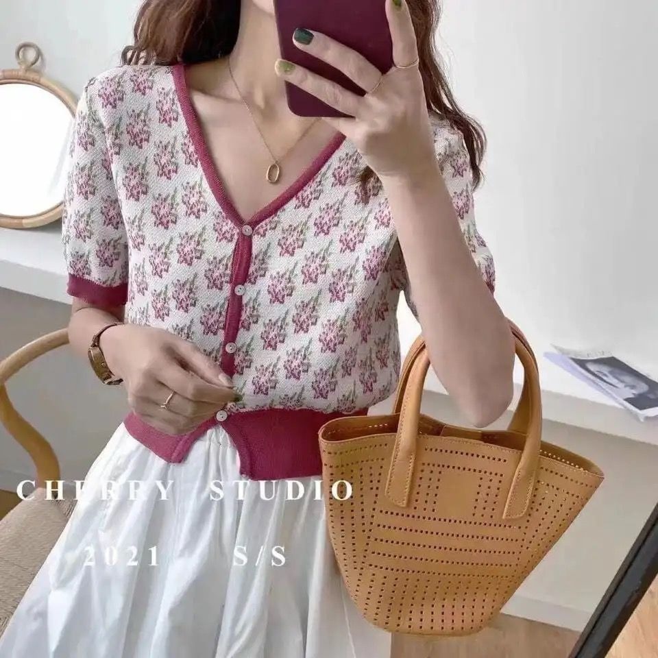 Áo khoác cardigan ZHELIHANGFEI dệt kim tay ngắn cổ V in họa tiết hoa dễ thương cho nữ