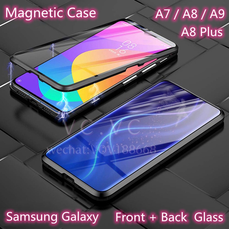 Samsung Galaxy A9 A7 A8 Plus 2018 Vỏ từ tính Vỏ kính cường lực hai mặt phù hợp với Ốp lưng kim loại samsung a9plus a8plus a7plus vỏ kim loại từ tính lật cứng trước và sau Vỏ bảo vệ 360