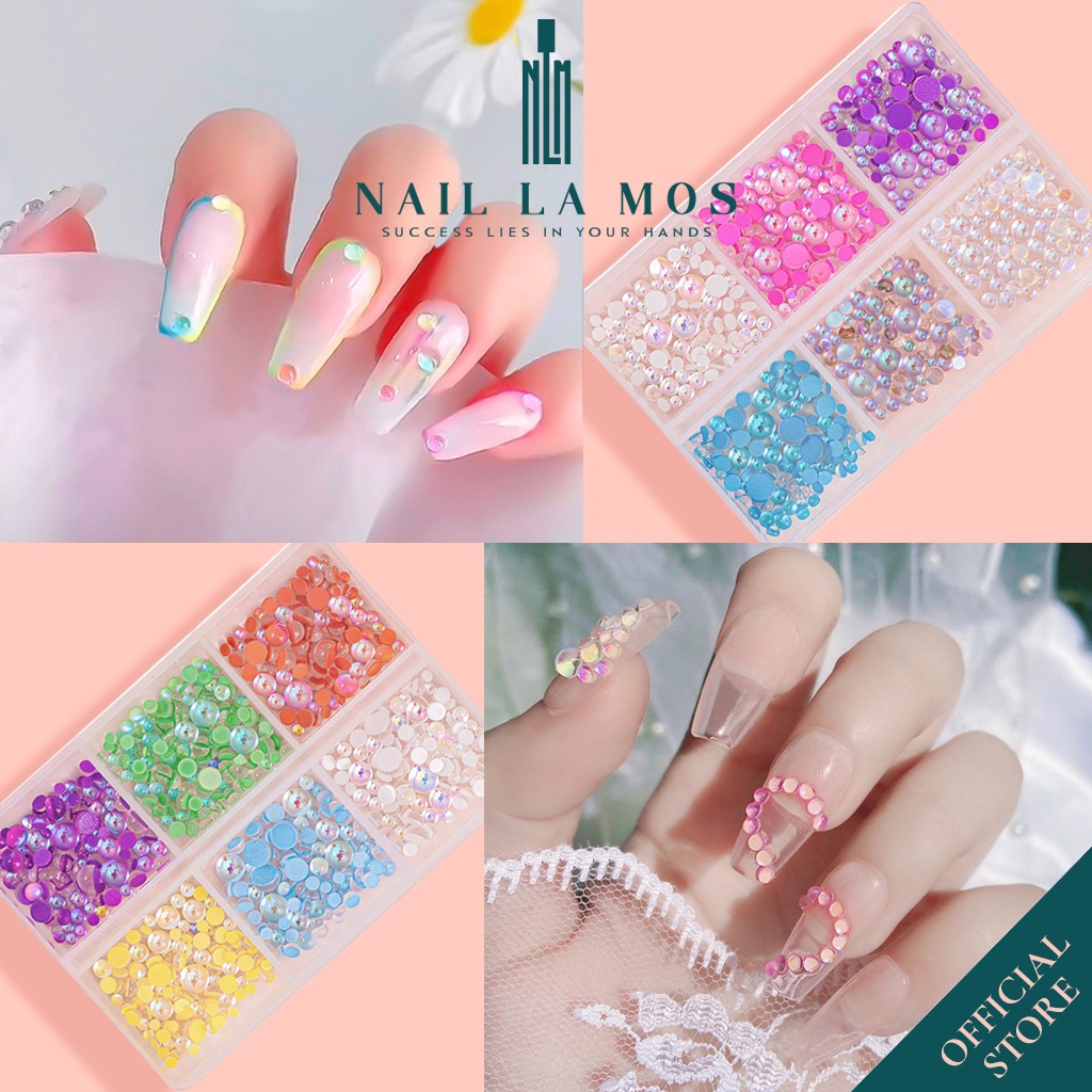 Đá nails cao cấp trang trí móng - Khay đá giọt sương chân bằng mix size 6 màu rất sáng